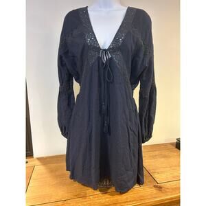 O'NEIL Sz L Blue Crochet Lace Mini Coastal Whimsigoth Boho Peasant Fairy Dress